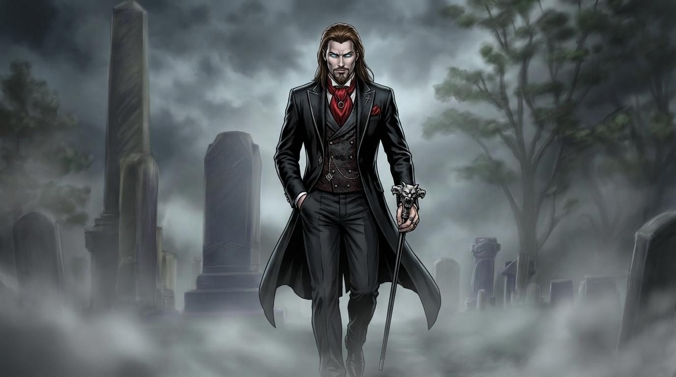 Oxivius in a fogbound graveyard, cane in hand