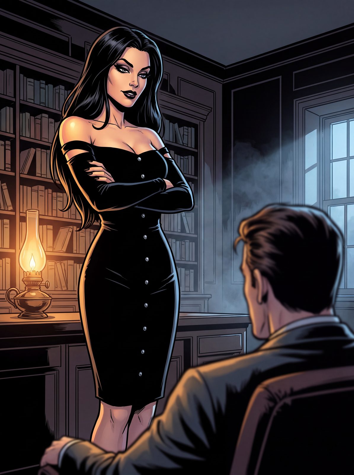 Valeria in a black dress, arms folded, in a dim study