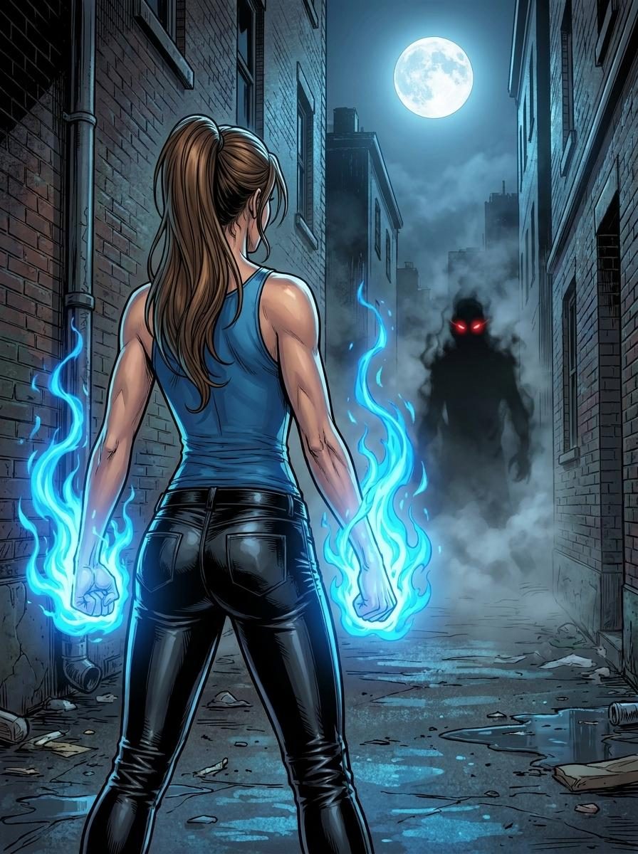 Xlina in a Portland alley, fists burning, something waiting in the fog